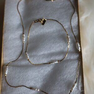 Dainty Gold Plated Pearl Necklace & Bracelet Set